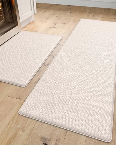 DEXI Kitchen Mat Cushioned Anti Fatigue, 2 PCS Kitchen Rug Set Non Slip, Waterproof Comfort Standing Kitchen Floor Mat, 17"x29"+17"x59", Beige