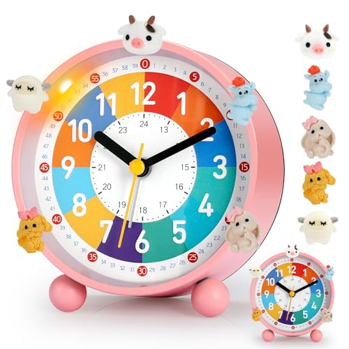 PIXESTT Despertador Infantil, Reloj Despertador Infantil para Principiantes En La Escuela, Sin Sonido Tic-TAC, con FuncióN De Luz Nocturna Y FuncióN De RepeticióN, con 5 Adornos De Despertador