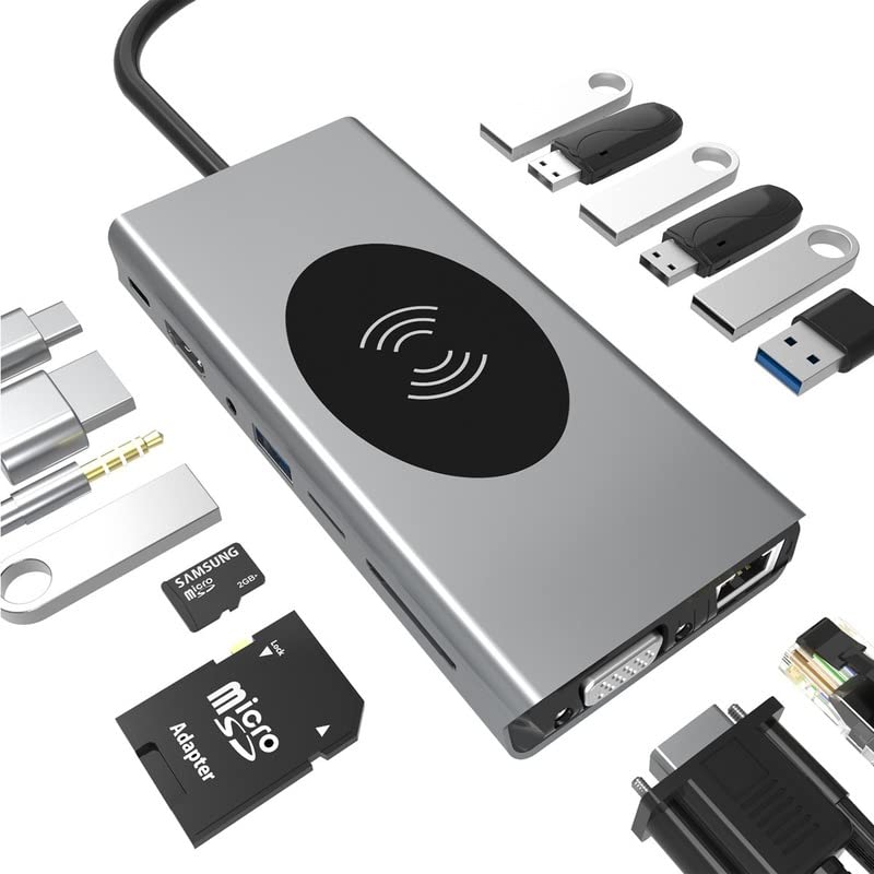 Hub USB C 15 w 1 koncentratory typu C z bezprzewodowym ładowaniem 4K HDMI adapter USB 3.0 SD/TF czytnik kart USB-C zasilanie 15 w 1