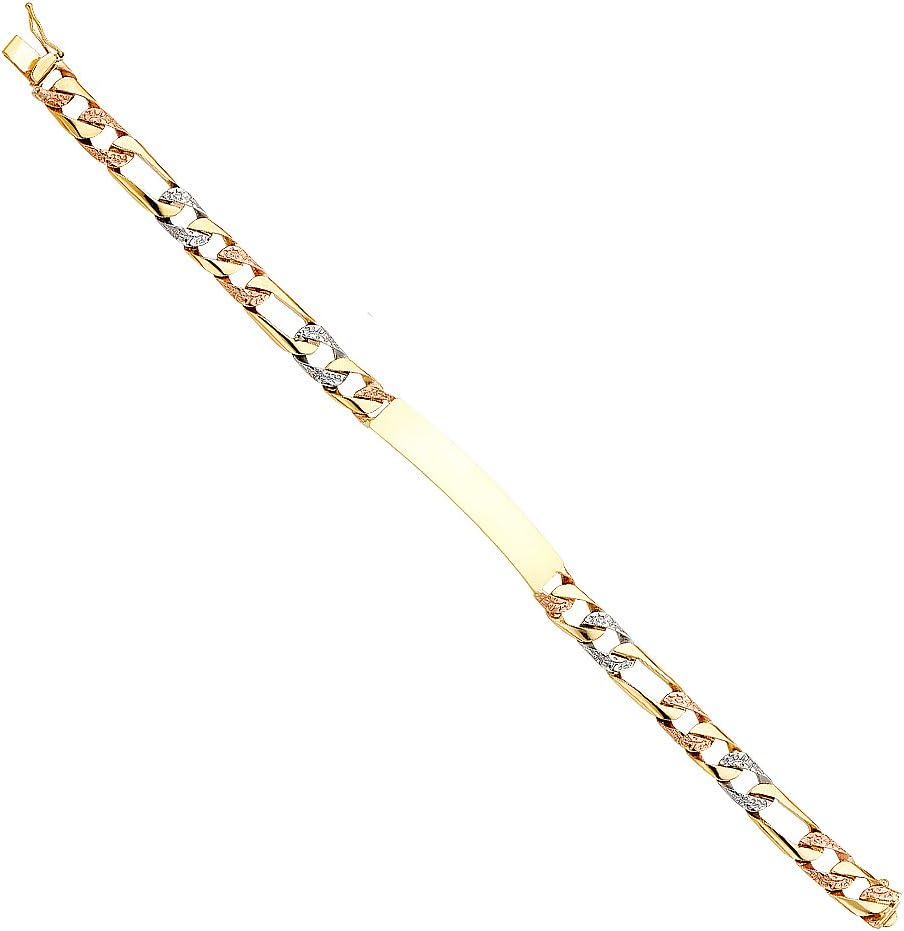 Wellingsale 14k Tri 3 Color Gold Solid Polished Mens Nugget Figaro ID Bracelet - 8"