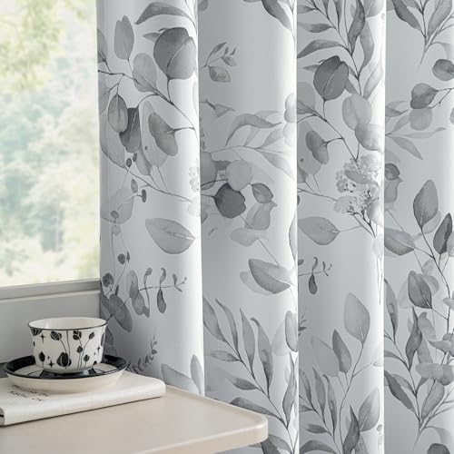 Xwincel 100% Blackout Curtains 84 Inches Long for Bedroom, Grey Floral Printed Curtains for Living Room Darkening Thermal Insulated Watercolor Patterned Drapes, Grommet Window Curtains 2 Panels