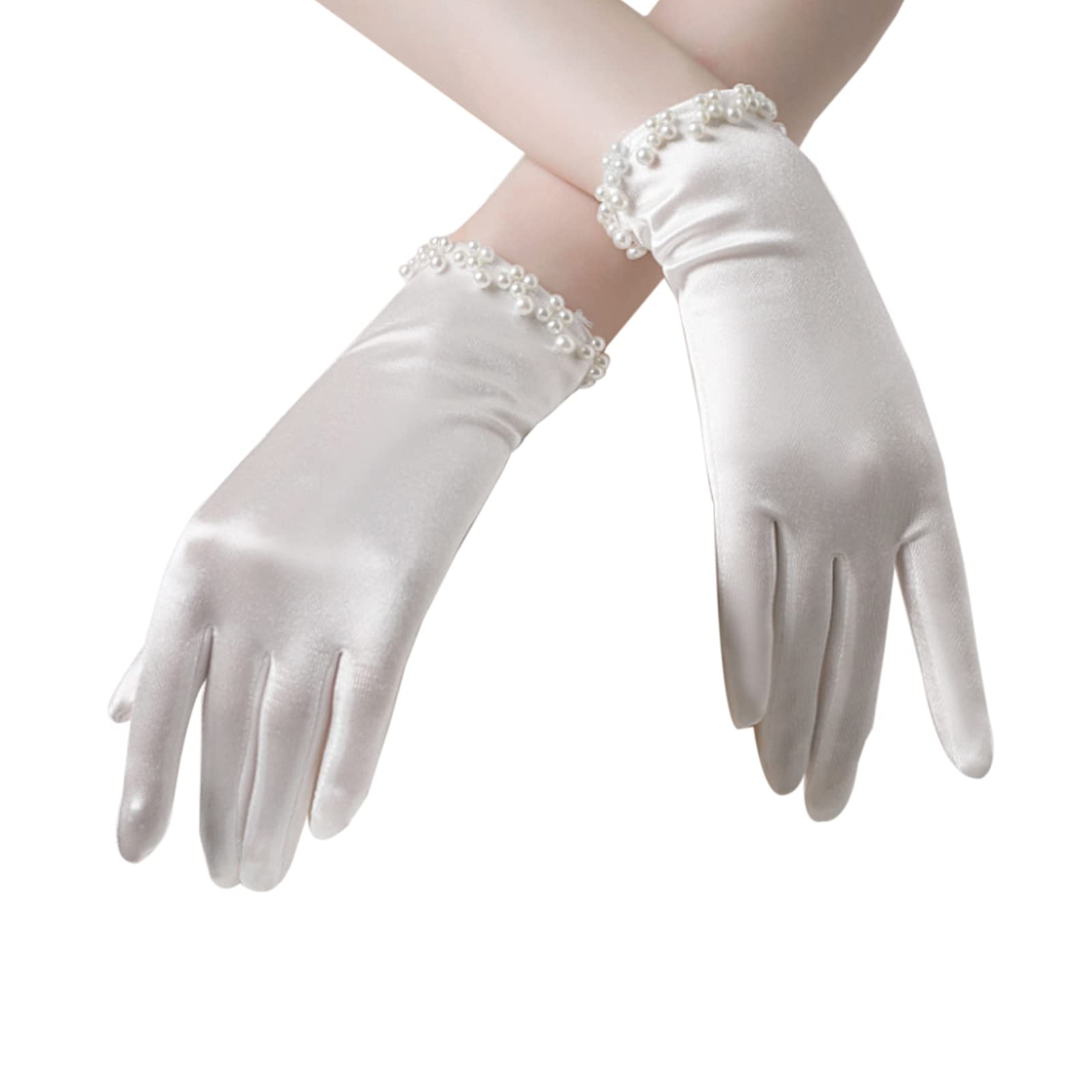 SUNTRADE Bridal Short Gloves, Wrist Full Finger Gloves for Wedding Opera Dinner Party Dance (Satin-white)