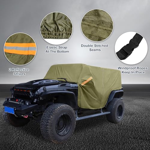 Image of Car Cover Waterproof All Weather with Driver Door Zipper for Jeep Wrangler JK JL Hardtop 2 Door 2007-2021 / Full Exterior Cover /Durable 210D Oxford Cloth / 1Pcs Green