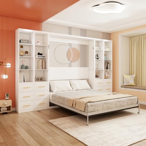 Image of KEIKI Queen Size Vertical Cabinet Murphy Bed with 4 Side Cabinet, White | Multifunctional Foldable Hideaway Wall Metal Bed Frame, No Box Spring Needed, Easy Assembly, for Bedroom, Guest Room