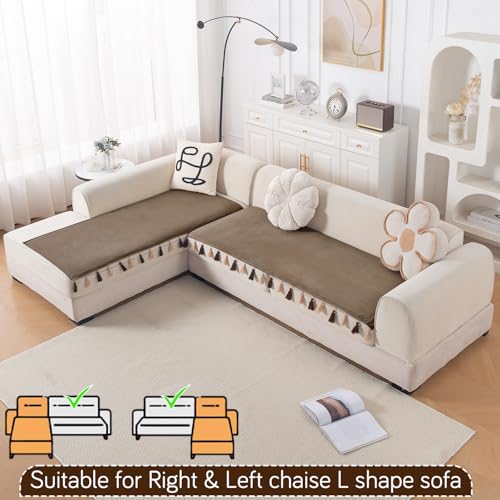 Image of HOKIPO Tassel Tone Sofa Cover L Shape 4 Seater Mat, Warm Taupe