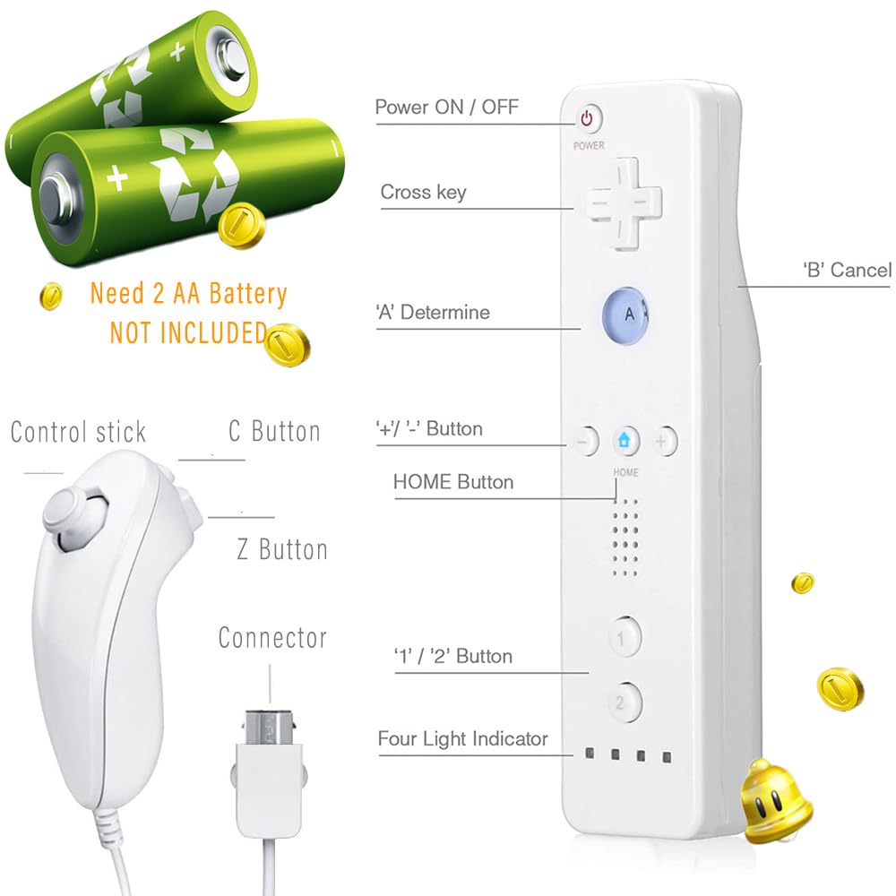 SONVIEE Wii Manette Remote Controller et Nunchuck Joystick Wii Télécommande de Remplacement avec étui en Silicone et Dragonne, Contrôleur sans Motion Plus