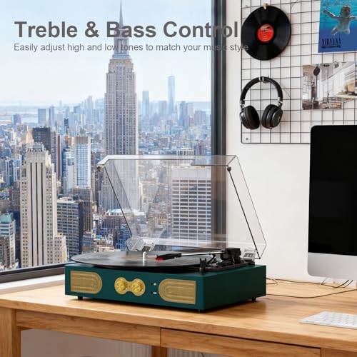 Image of Vinyl Record Player Vintage 3-Speed Turntable with Built-in Stereo Speakers, Bass /Treble Control, Headphone Jack, RCA Output,AUX Input, Belt-Driven LP Player, Green