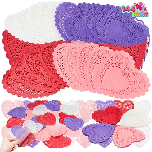 JOYIN 144 Pcs Valentines Day Heart Doilies Party Decorations with 4 Colors Heart Doilies Cutouts Lace Paper Heart Paper Doilies Craft Gift Set for Valentine Day Party Tableware Decoration