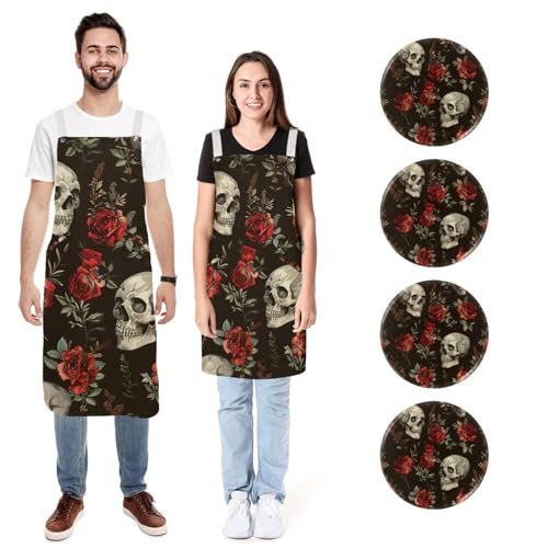 Tablier en lin motif crâne et rose anti-tache avec 2 poches réglables