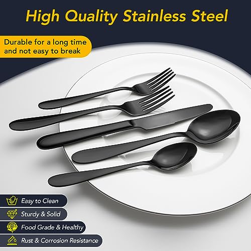 Image of 40 Piece Black Silverware Set Service for 8, EIUBUIE Premium Stainless Steel Black Cutlery Set, Mirror Polished Flatware Sets, Modern Kitchen Eating Utensils Sets Include Forks Spoons Knives