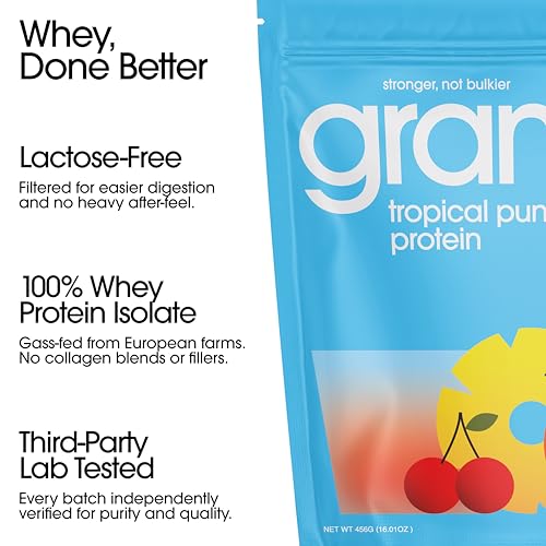 Image of GRAMMS Clear Protein Powder | 20G Whey | Tropical Punch | 15 Servings | Gluten Sugar Lactose Free | 3rd Party Tested for Purity, Grass Fed European Whey, No Sucralose