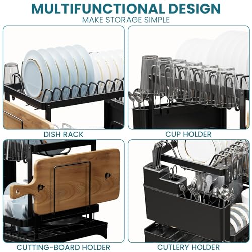Image of TAILI Dish Drying Rack for Kitchen Counter with Drainboard, Large 2 Tier Dish Rack and Drainboard Set with Cutlery Holder