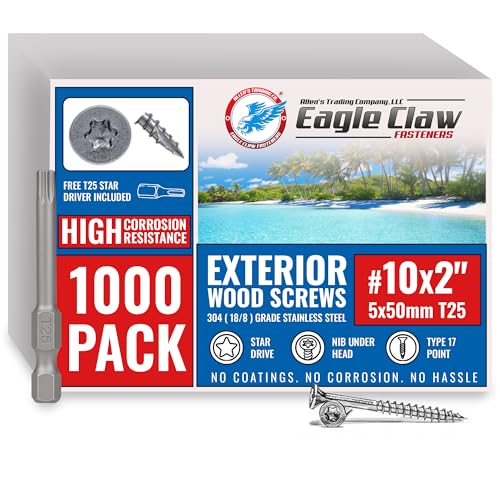 Image of #10 x 2 Inch Stainless Steel Deck Screws | 304 Grade (1000 Pack) | Flat Head T25 Star Torx Drive | Stainless Steel Screws by Eagle Claw Fasteners | Corrosion & Rust Resistant (Includes Driver Bit)