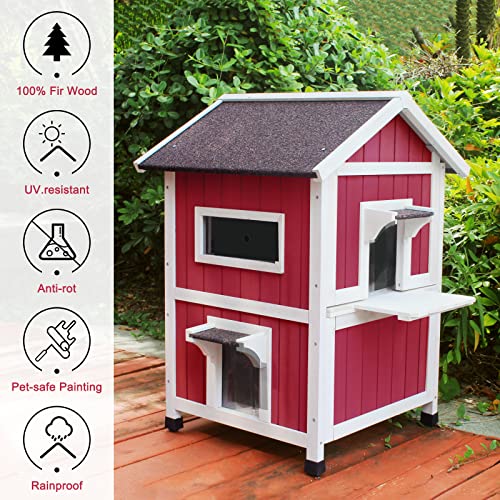Cat House Outdoor Large Kitty House,Feral Cat Shelter with Escape Door Outside Weatherproof Wine Red HiCaptain - Thumbnail 5