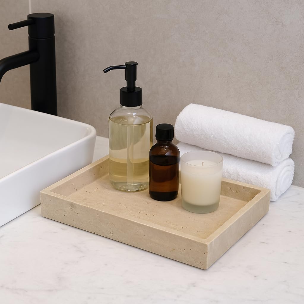 Kalu Creations Bandeja de Travertino Natural 30 x 20 x 3 cm | Elegante bandeja rectangular de almacenamiento, base para baño, cocina, salón y mesa | Diseño artesanal Made in Italy