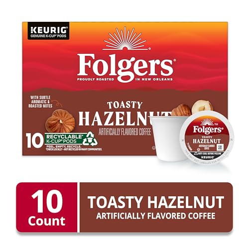 Image of Folgers Toasty Hazelnut Artificially Flavored Coffee, K-Cup Pods, 10 Count | Medium roast coffee, Genuine K-Cup pods made to brew with your Keurig coffee maker
