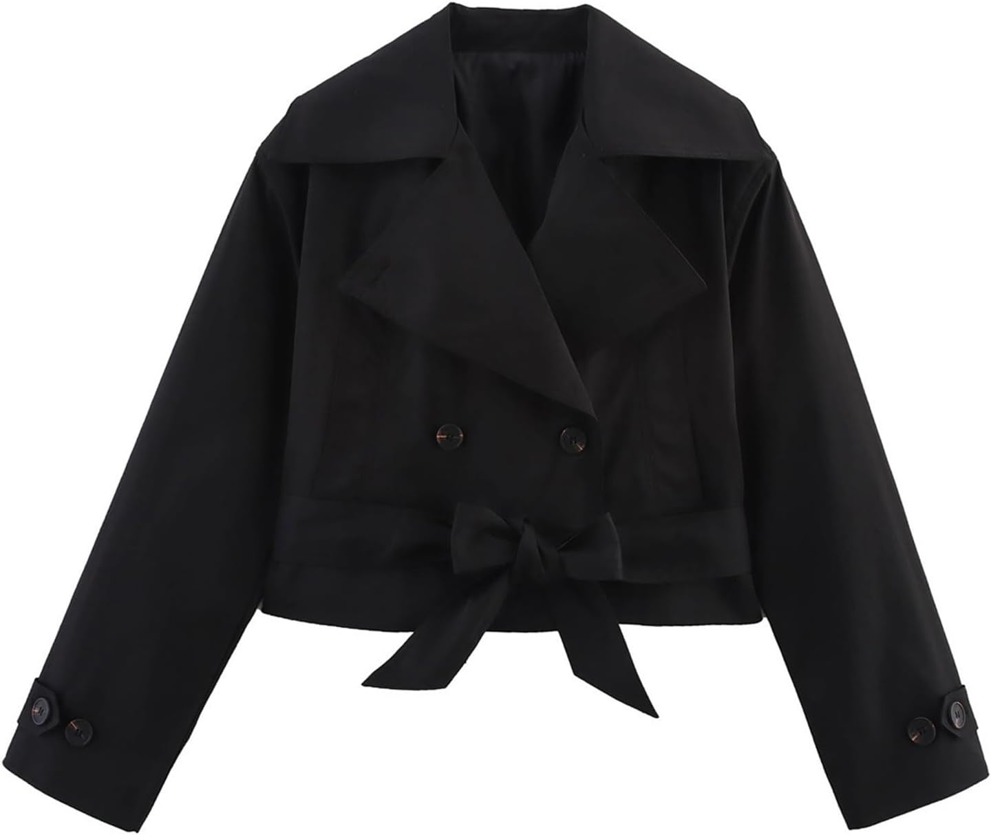 Women's Crop Belted Double Breasted Trench Coat Stylish Lapel Work Office Cropped Jacket with Pockets