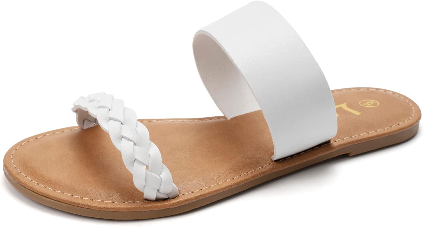 LM Women’s Braided Slide Sandals Open Toe Two Band Slip On Flat Sandals Casual Summer Sandals – Stylish slip-on braided sandals for women.