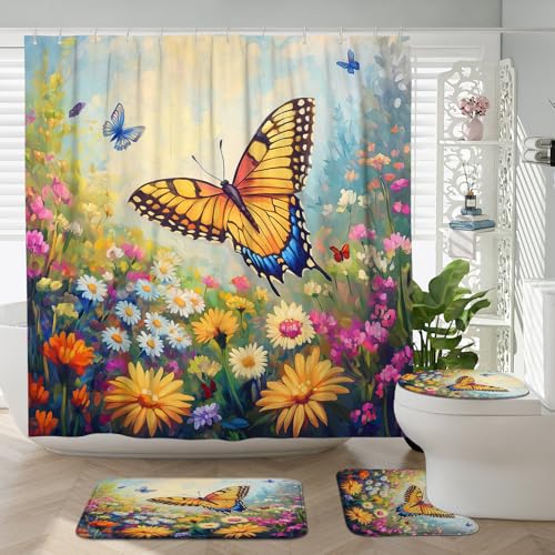 DESIHOM 4PCS Spring Anime Butterflies Shower Curtain Sets with Non-Slip Rug, U Shape and Toilet Lid Cover Mat, Fun Cartoon Kids Home Decor, Bathroom Accessory with 12 Hooks