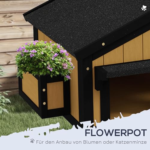 PawHut Katzenhaus, Tannenholz, Katzenhütte mit mehreren Eingängen, 2 Etagen, Katzenhöhle für draußen, Kleintierhaus mit Asphaltadach, Blumenkasten, winterfest, Erhöhtes Design, Gelb, 96 x 65 x 85,5 cm