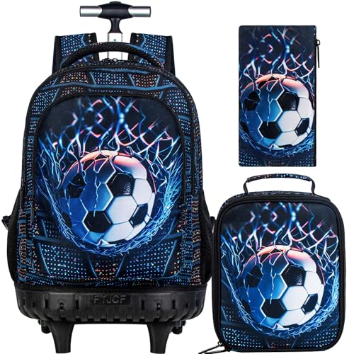 HPJGD Mochila Escolar com Rodinhas de Dinossauro, 3 Peças, Resistente à Água, Conjunto com Lancheira, Rodinhas de Futebol Preto, One Size