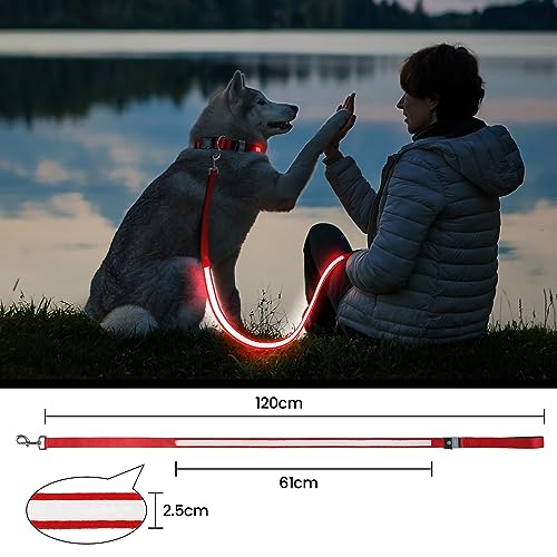 MASBRILL LED Hundeleine, Leuchtend für Kleine, Mittel Große Hunde, Wiederaufladbar &, 3 Beleuchtungsmodi 5 Farben Erhältlich, Glühen im Dunkeln Sicherheit Nachtwandern (Rot)