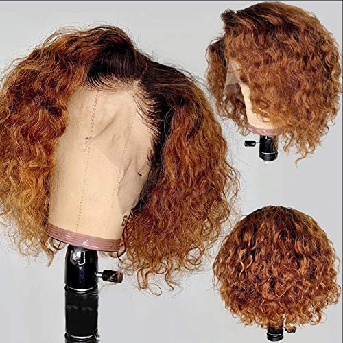 Wanghanyilin 150% Density Curly Bob Wig Ombre 1b/30 Lace Front Human Hair Wigs Ombre Brown Colored For Women Brazilian Virgin Hair Pre Plucked & Bleached Knots Wig (12 Inch 1b/30 Curly Lace Front Wig)