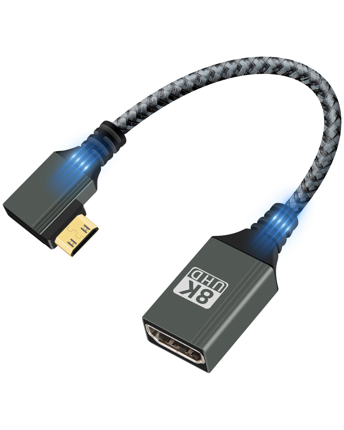 GELRHONR Adapter 8K Mini HDTV na HDTV 2.1, 8K przy 120 Hz 4K przy 60 Hz męski na żeński nylonowy pleciony krótki kabel adaptera do aparatu, Ras//Raspberry Pi, laptopa, telewizora, monitora, 15 cm (kąt