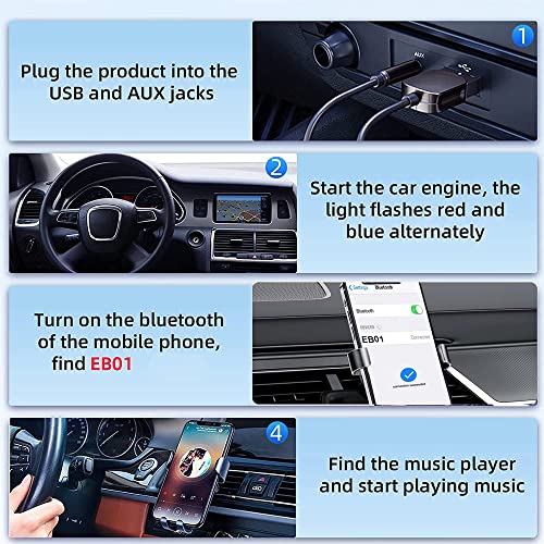 Adattatore Bluetooth Aux, ricevitore wireless Bluetooth v5.0 da USB a jack da 3,5 mm, ingresso AUX per chiamate in vivavoce, Plug & Play, accensione automatica per altoparlanti auto, audio domestico