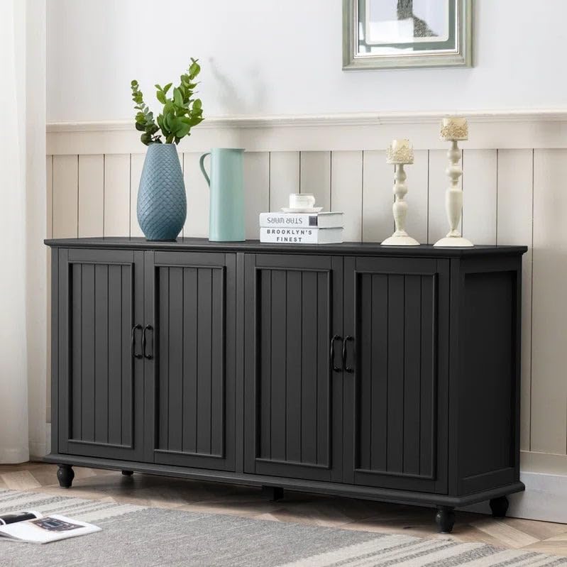 the unique design modern black sideboard cabinet – 4-door wooden storage & metal handles – for dining room, living room, or entryway
