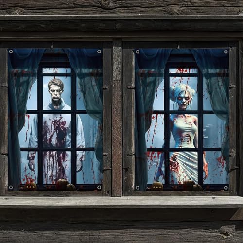 Randomgo 2 Piezas Cortinas de Pareja de Terror de Halloween, Cubierta de Ventana de Terror, Decoraciones Aterradoras Ventana de Hallowee, para Halloween Carnaval y Fiesta de Terror Decoración