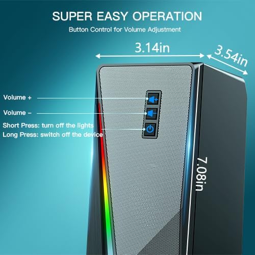 RGB PC Speakers with Volume Control, USB Powered Subwoofer - For Desktop, Laptop, Tablet, Phone