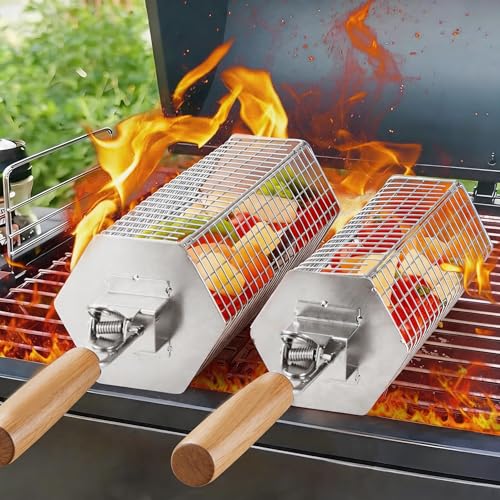 Yaskyly Panier à Barbecue Roulant, Design Hexagonale à Ouverture Rapide, Poignée Détachable, Acier Inoxydable 304, Gigogne, Accessoires Grille à Legumes,...