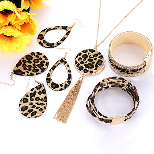 ZOLEAROPY Statement Leopard Jewelry Set For Women Multi Leopard Leather Wrap Bracelet Teardrop Leather Earrings Long Tassel Round Pendant Necklace Set4