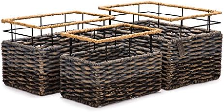 Set of 3 Strong Stylish Rectangular Handmade Accent Storage Bin Baskets- Organic Hyacinth– Luxury Woven Organizer Decor For Living, Bedrooms Kids Rooms- Ideal For Toys, Baby Nursery and Magazines