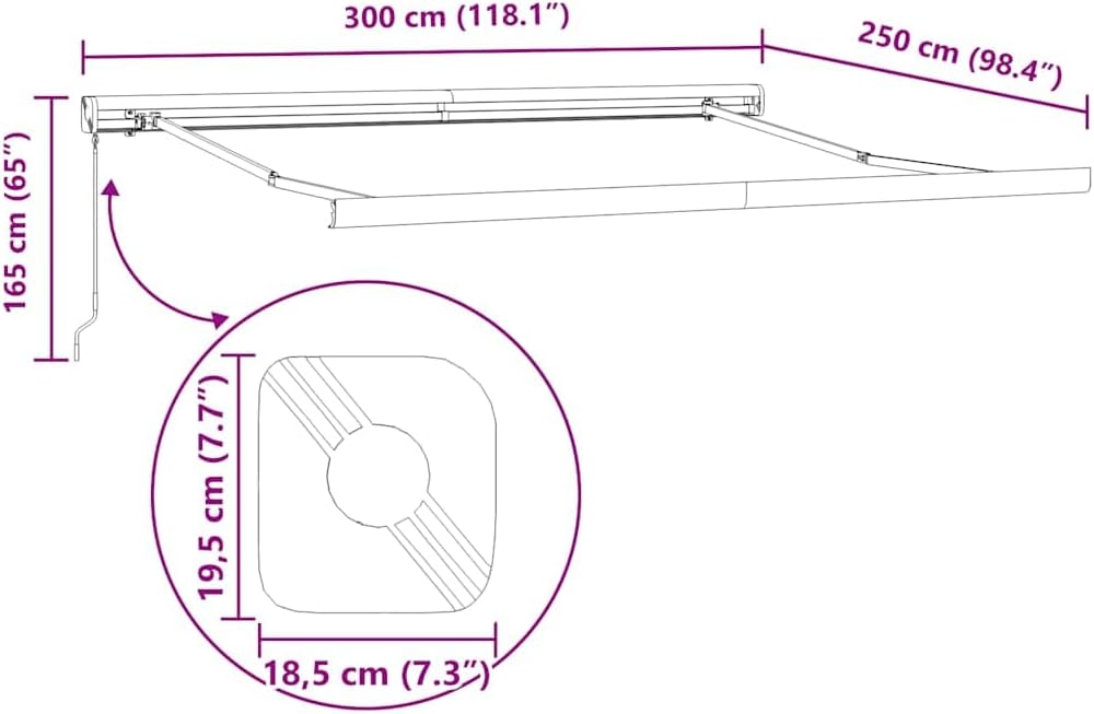 Diagram showing the dimensions of the vidaXL Retractable Awning, including length, projection, and bracket measurements.