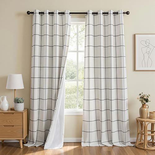 Image of MYSKY HOME Floor to Ceiling 100% Blackout Plaid Linen Curtains 108 Inch Long 2 Panels Set - Farmhouse Double Layer Checkered Patterned Thermal Insulated Grommet Top Drapes, 52 inch W Each Panel, Black
