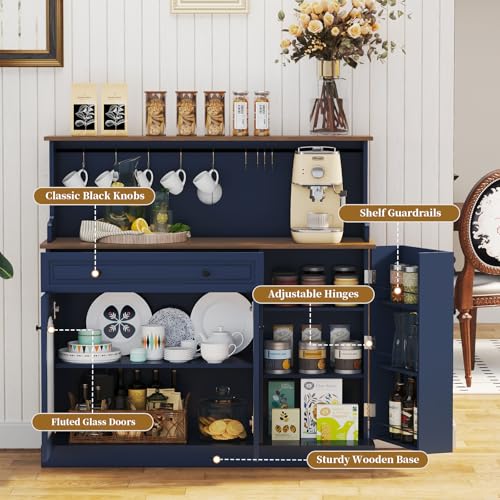 HOLTICO Kitchen Pantry Cupboard, Kitchen Microwave Cabinet with Drawer and Top Shelf, Coffee Station Cabinet Blue Storage Sideboards for Living Room, Dining Room - Image 4