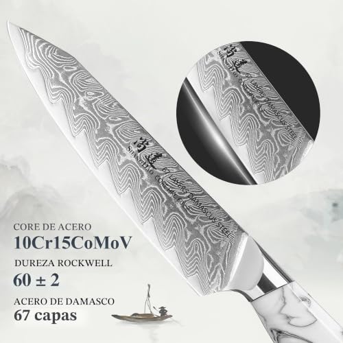 Miniatura 3 de Shangdao Cuchillo De Cocina De 5.0 In, Cuchillos Afilados Para Pelar Frutas Y Verduras, Acero De Damasco Forjado Con Tinta Y Mango De Resina De Lavado, Espiga Completa, Serie Hua