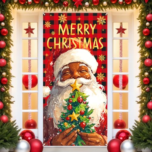African American Christmas Door Cover Decorations Black Santa Claus Door Banner Buffalo Plaid Christmas Door Covers Xmas Banner Backdrop Porch Sign Holiday Xmas Decorations Supplies