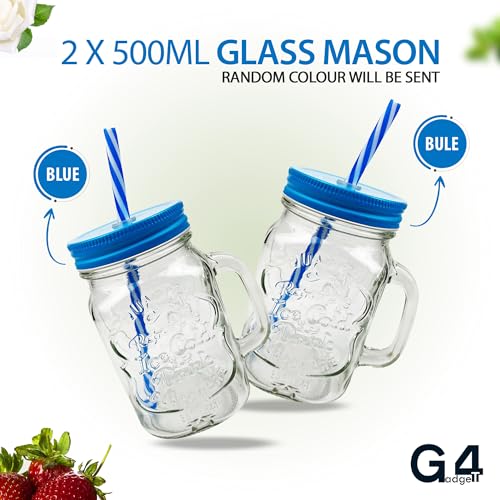 G4GADGET 2 X 500ml Glass Mason Drinking Jars Bottles Party Drink Glasses + Lids and Straws - Image 4