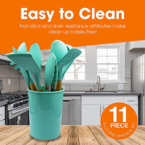 Cheer Collection 12 Piece Silicone Spatula Set with Wooden Handles - Non-Stick Silicone Utensils for Cooking, Aqua - Image 5