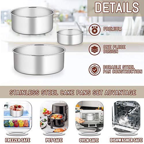 E-Far Cake Pan Set Of 3 (4’’/6’’/8), Deep Stainless Steel Round Cake Pans Tins For Baking Small Layer Wedding Birthday Cake, Non-Toxic & Dishwasher Safe, Mirror Finish & Straight Side #TOP2
