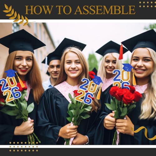Image of 10 Pcs Graduation Table Centerpieces Sticks with Tassels, class of 2026 Grad Cap Picks Table Decoration Cupcake Toppers for Party Centerpiece Decoration Supplies(Blue and Gold)