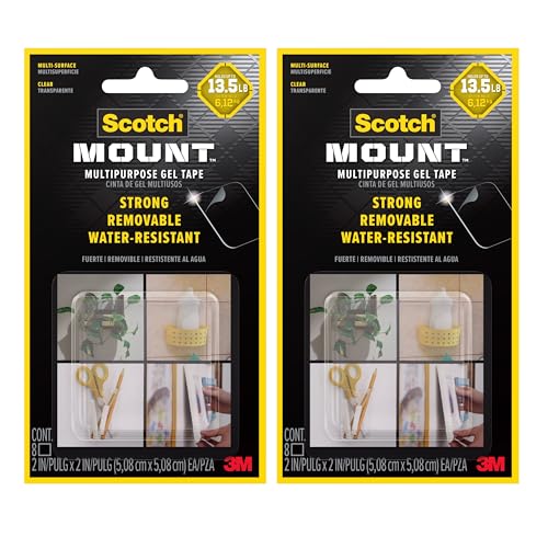 Scotch-Mount Multipurpose Gel Tape Squares Double-Sided Removable Mounting 2-Inch Clear Squares 16 Total (2 Packs of 8) Holds Up to 20 lbs Water-Resistant & Weatherproof