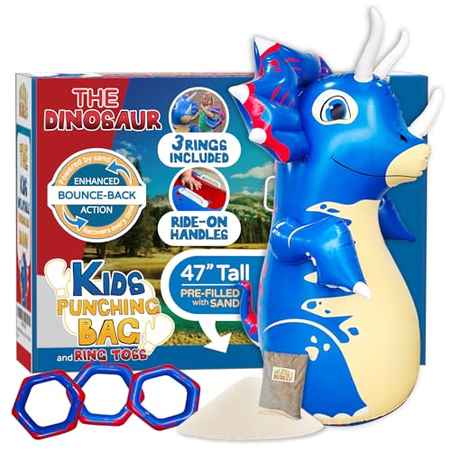 INFLATABLE DUDES Dinosaur 47 Inches- Kids Punching Bag| Already Filled with Sand |Triceratops Bop Bag |Ring Toss with 3 Inflatable Rings| | Ride-on Toy + Handles| Punching Bag for Kids -(Tops)
