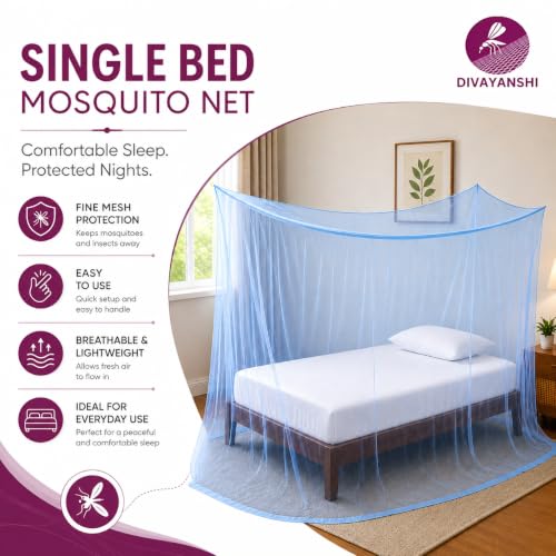 Image of Divayanshi Foldable Polycotton Mosquito Net (Machhardani) for Single Bed (Blue, 4 x 6.5 ft) | Strong & Breathable | Easy Setup, Lightweight, Portable & Ideal for Home & Travel