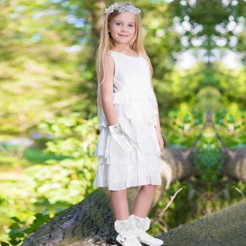 3 Pcs First Communion Veil Set for Girls - White 1st Communion Veil,White Satin Gloves and Lace Ruffle Socks,First Holy Communion Accessories for Girls Wedding Princess Tea Party4