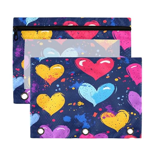 Sevdomey - Juego de 2 lápices con 3 anillas y ventana transparente, diseño de corazones coloridos, corazones de colores, 7,08 x 9,85 pulgadas, funda para lápiz, diseño de corazones, Corazones
