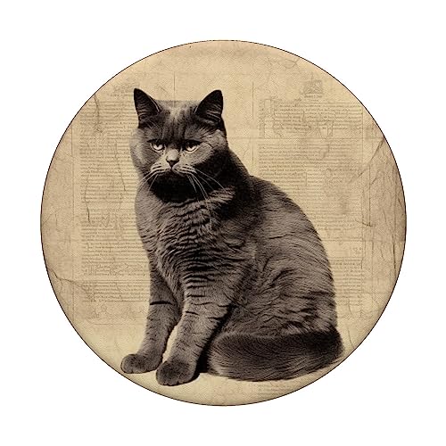 British Shorthair Cat Lover Vintage British Shorthair Cat PopSockets Swappable PopGrip, Black - Image 3
